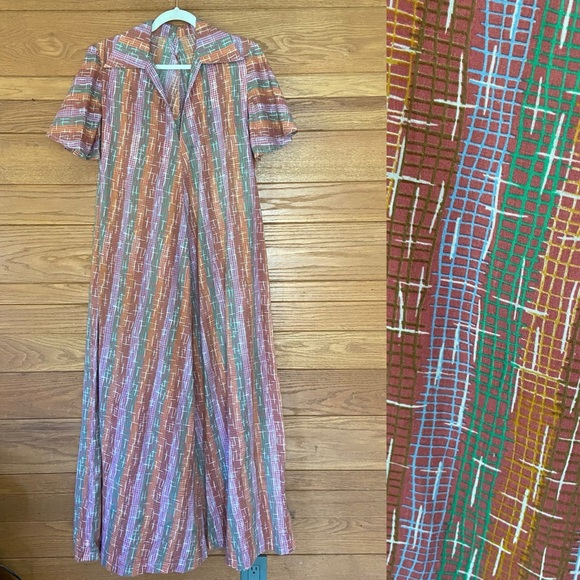 Vintage Dresses & Skirts - Vintage 70s plaid pattern ruffle sleeve handmade maxi dress
